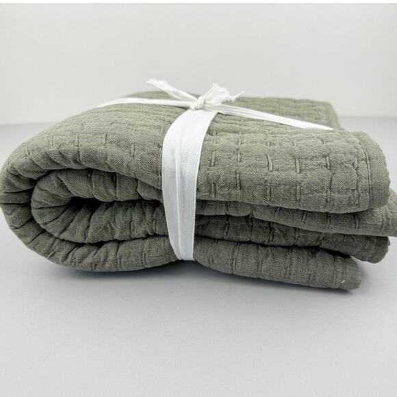 Pottery Barn KING Sham Loden Green Pick Stitch Cover Linen Blend 36x20 New Decor - Picture 2 of 6